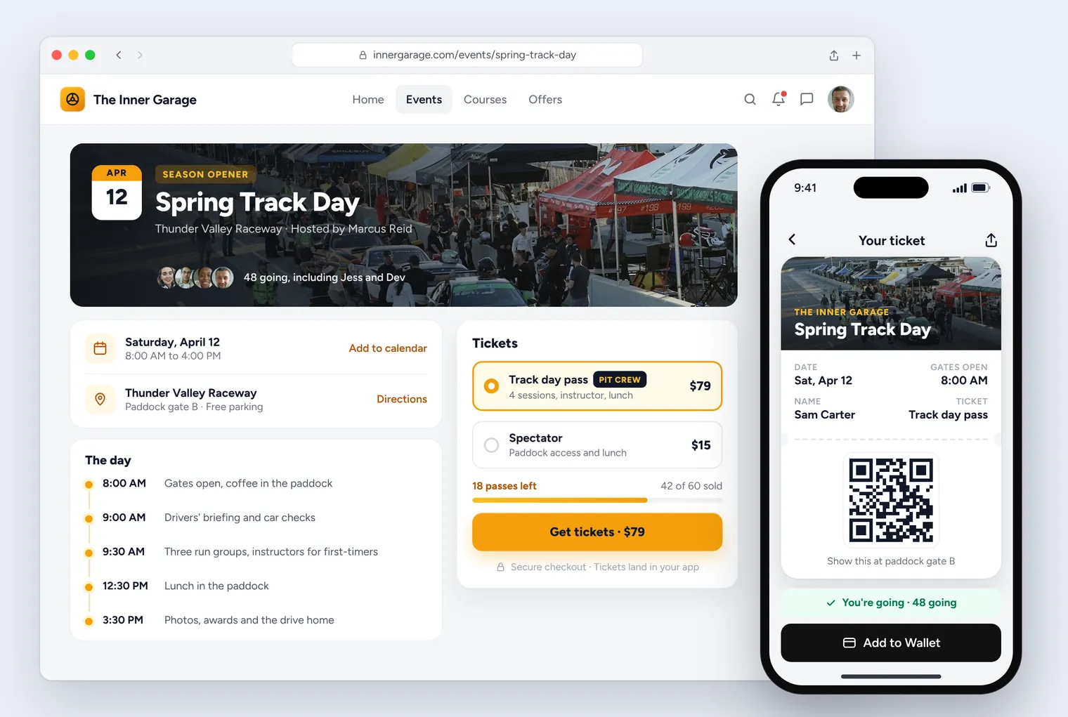 The Spring Track Day event page with ticket options, and Sam’s ticket with a scannable code on his phone