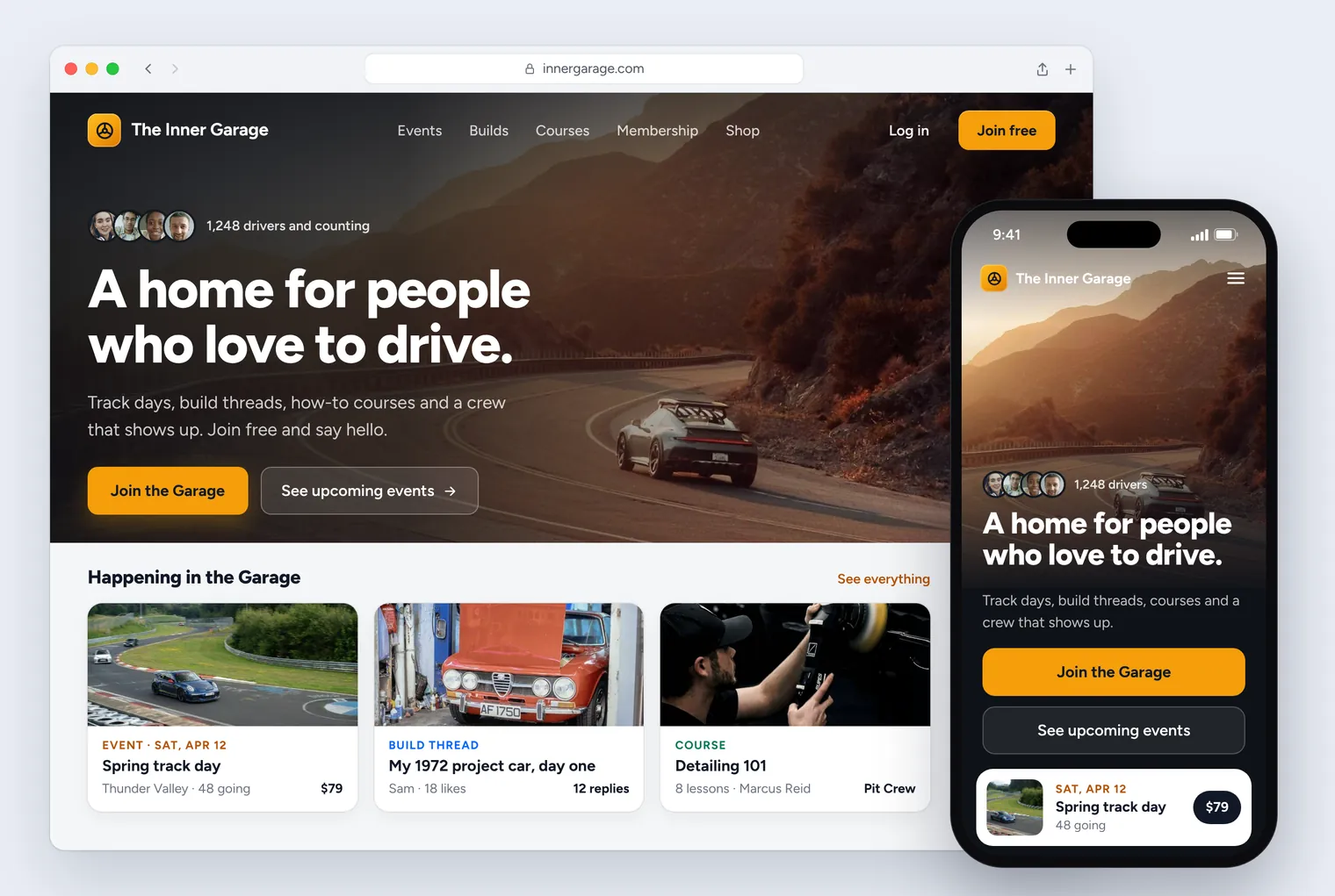 The Inner Garage public website with a sunset mountain-road photo, a Join the Garage button and upcoming events